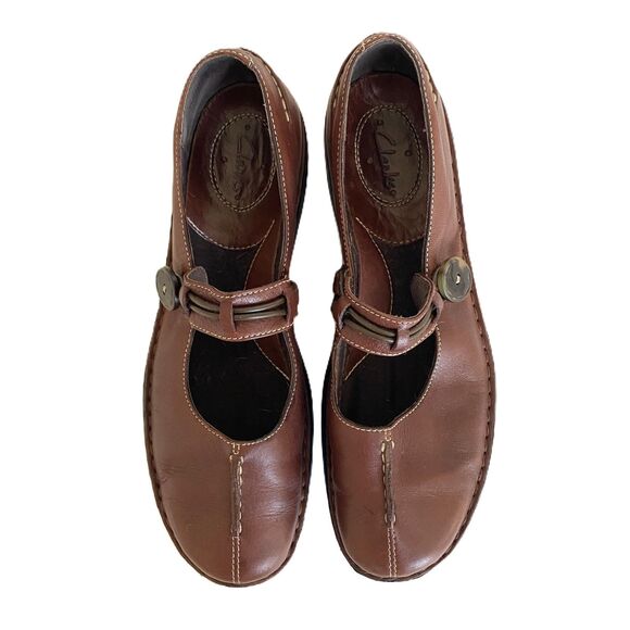 Clarks Brown Leather Split Toe Mary Jane Buckle Strap Boho Shoes Sz 8.5 M - Picture 3 of 8